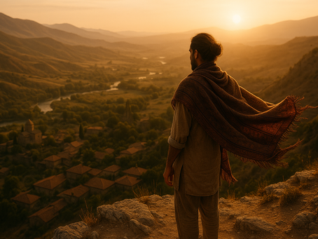 Man with shawl stands on cliff at sunset, overlooking a valley with houses and winding river. Warm, golden hues create a serene mood.