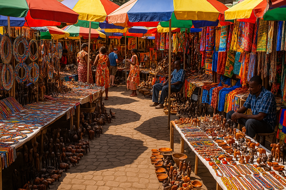 Colorful market scene with people browsing vibrant fabrics and crafts under multicolored umbrellas. Sunny, busy, and vibrant atmosphere.