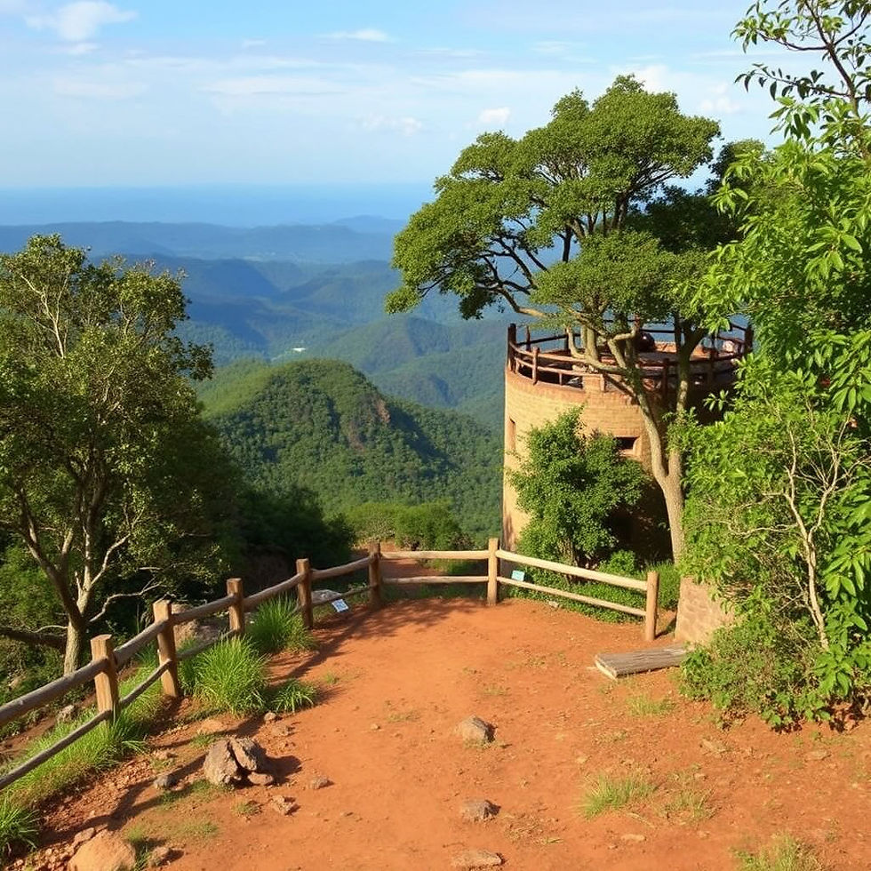 Hilltop view with a brick watchtower, green trees, and wooden fence. Overlooks lush mountains and a distant ocean under a clear blue sky.