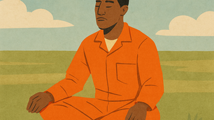 Prisoner sits in a field meditating