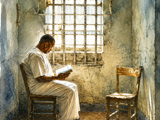 Man in white sits reading a book in a barred prison cell, sunlight casting shadows, with an empty wooden chair nearby.