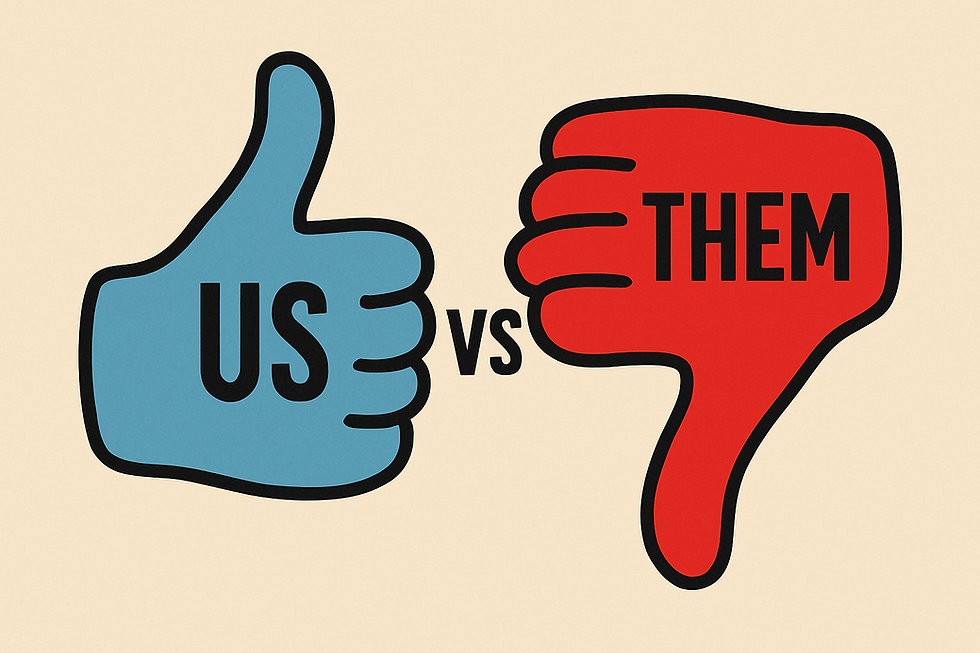 Blue thumbs up with "US" vs red thumbs down with "THEM" on beige background, symbolizing opposition and divide.