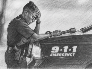 A police woman stresses out in front of her cruiser