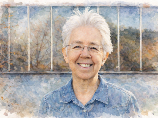 Elderly person with white hair smiles warmly in a watercolor image, wearing a denim shirt. Soft, blurred background with vertical lines.