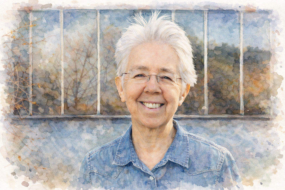 Elderly person with white hair smiles warmly in a watercolor image, wearing a denim shirt. Soft, blurred background with vertical lines.