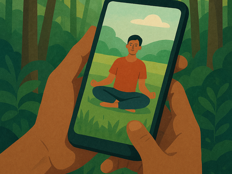 Hands holding a phone displaying a person meditating in nature. Green forest background, serene mood, person in orange shirt.
