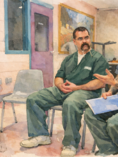 Three men sit in a circle in a room. One man in blue gestures while holding a paper. Others in green and suit listen intently. Calm mood.