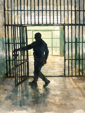 Silhouette of a person opening a barred door in a dim, watercolor-style hallway. The setting is moody with green and blue tones.