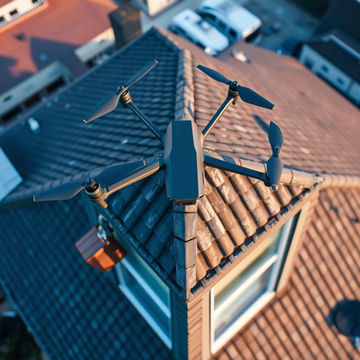 Aerial drone capturing footage of a tiled roof