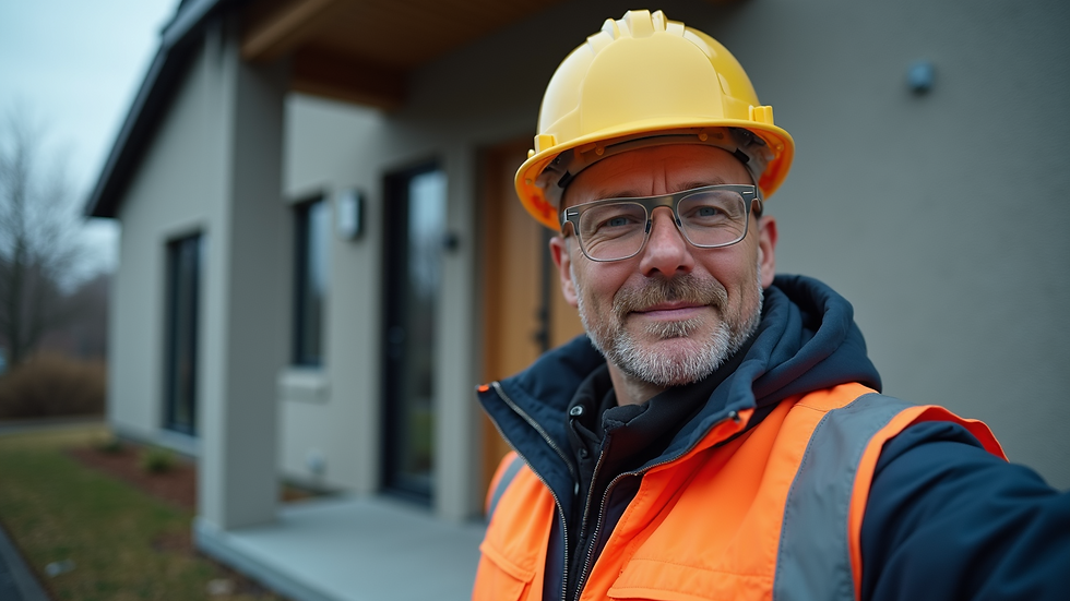 Eye-level view of a property manager inspecting a building exterior