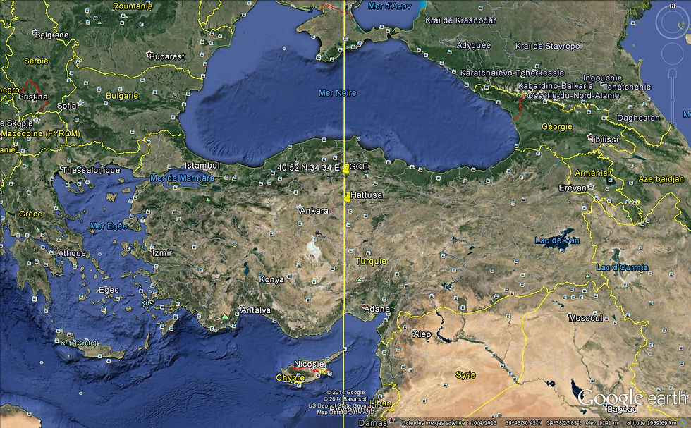 Fig. 35. The locations of the Geographical Centre of the Earth (GCE) and Hattusa