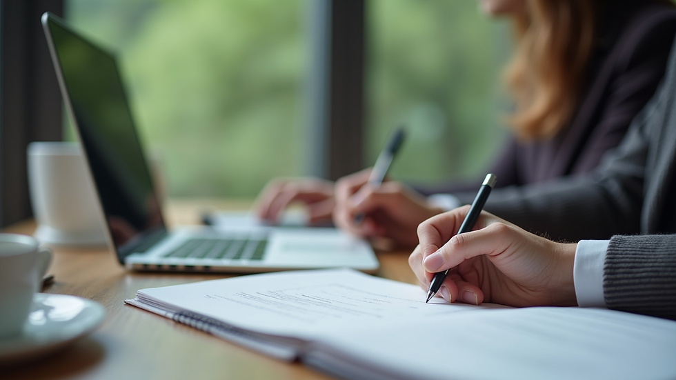 Close-up view of a person writing notes during an online course