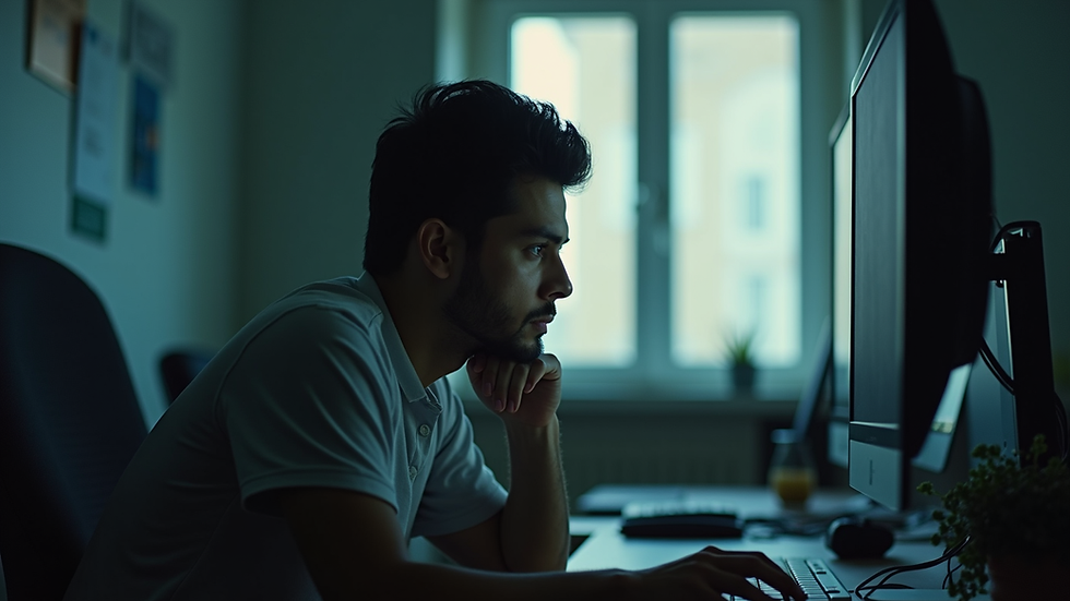 Vista a nivel de los ojos de una persona meditando frente a una pantalla con luz suave