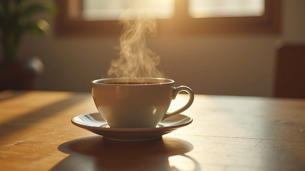 Vista a nivel de ojo de una taza de café sobre una mesa de madera en una mañana de domingo