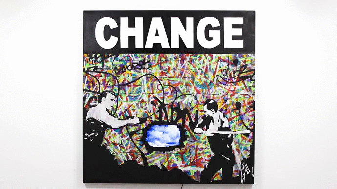 Gaudio, Day 7 (change), acrilico su MDF con schermo, cm. 100x100