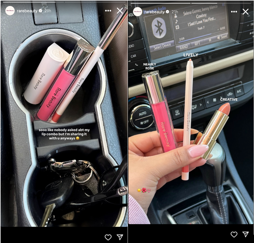 Two Instagram Story slides from Rare Beauty showcasing a lip combo. The first image shows three Rare Beauty lip products—lip liner, gloss, and lipstick—placed inside a car’s cup holder with a caption that reads, “sooo like nobody asked abt my lip combo but I’m sharing it with u anyways 😊.” The second image shows a close-up of a hand holding the three products in front of a car dashboard: a pink gloss labeled “Nearly Rose,” a white lip liner labeled “Lively,” and a peach-toned lipstick labeled “Creative."