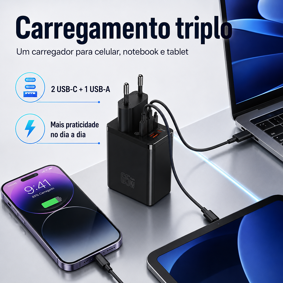 Miniatura: Carregador GaN 65W com 2 USB-C + 1 USB-A