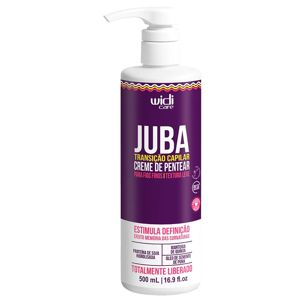 Juba Transição Leave-In Cream jar on a white background, vegan formula for transitioning hair, frizz control and curl definit