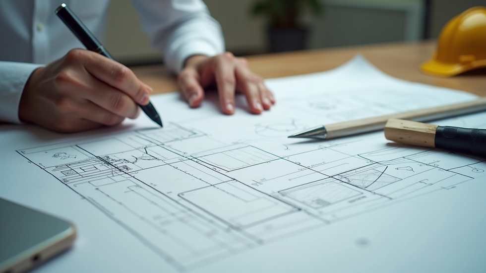 Close-up view of construction blueprint and measuring tools on a table
