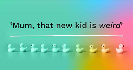 Mum, that new kid is weird' - Oli Help newsletter cover with a row of duck figurines, one in a different color