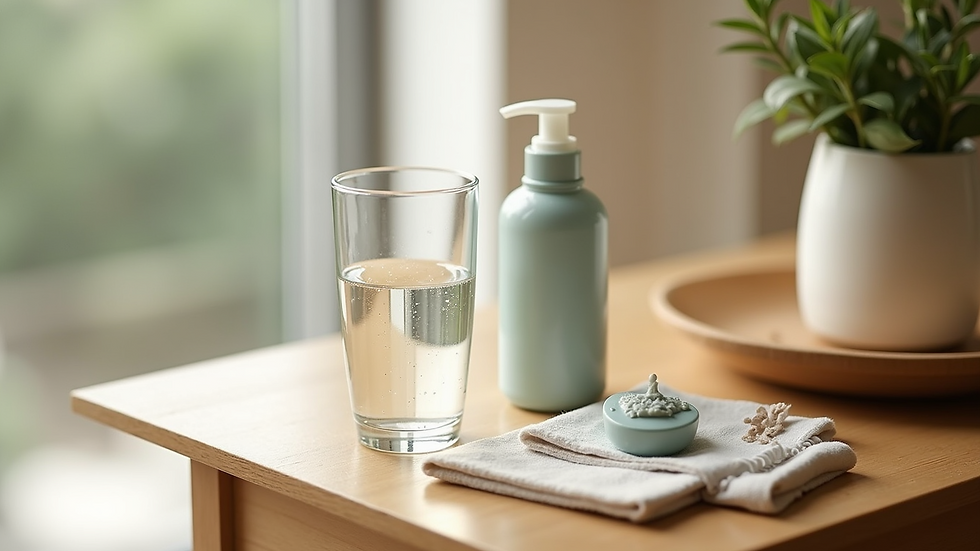 High angle view of skincare products and a glass of water on a wooden table