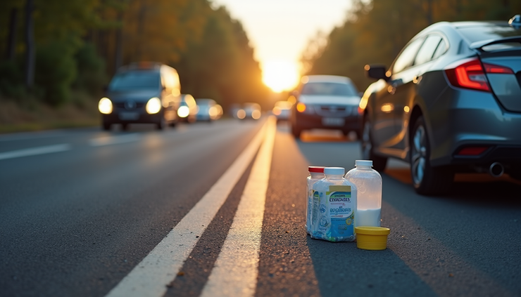 High angle view of a car stopped on the roadside with emergency supplies visible