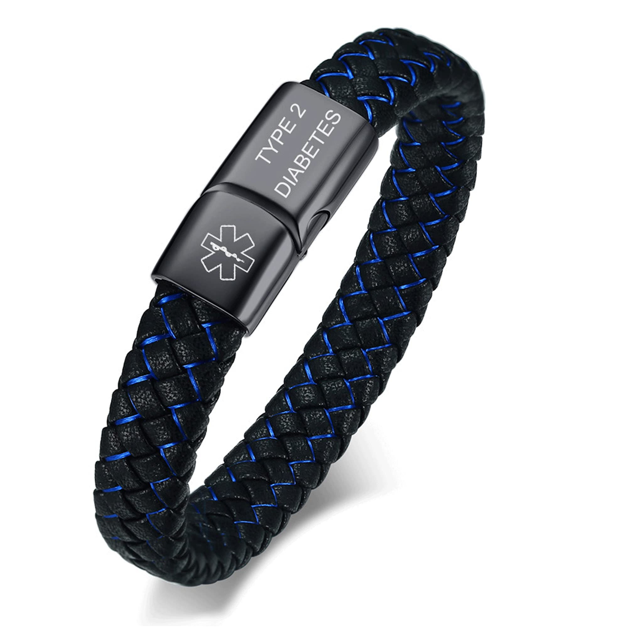 Blue Braided Leather Medical Symbol Diabetes ID with Magnetic Clasp 7-8.2In