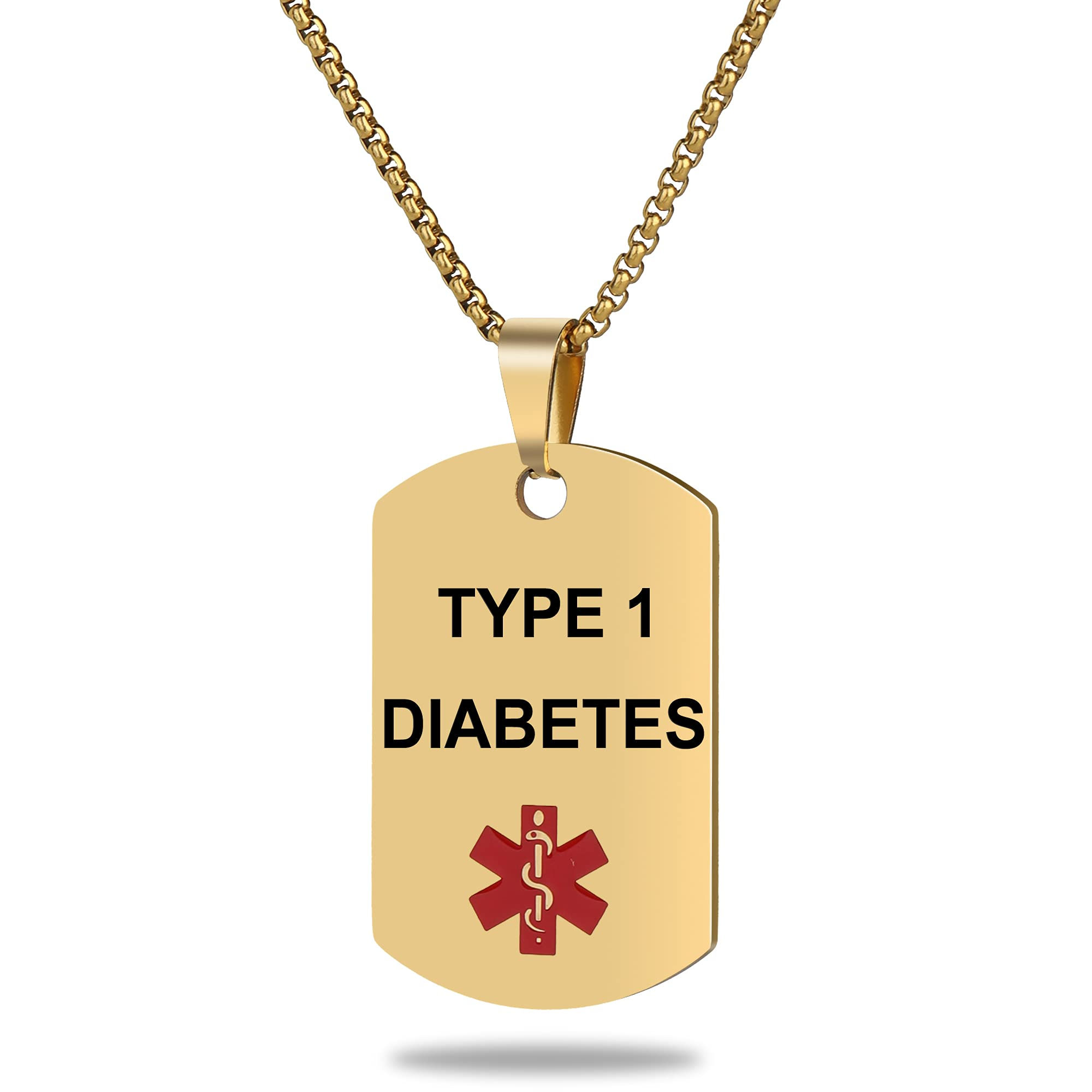 Medical Alert ID Necklace, Laser Engraved TYPE 1 DIABETES, Stainless Steel Gold