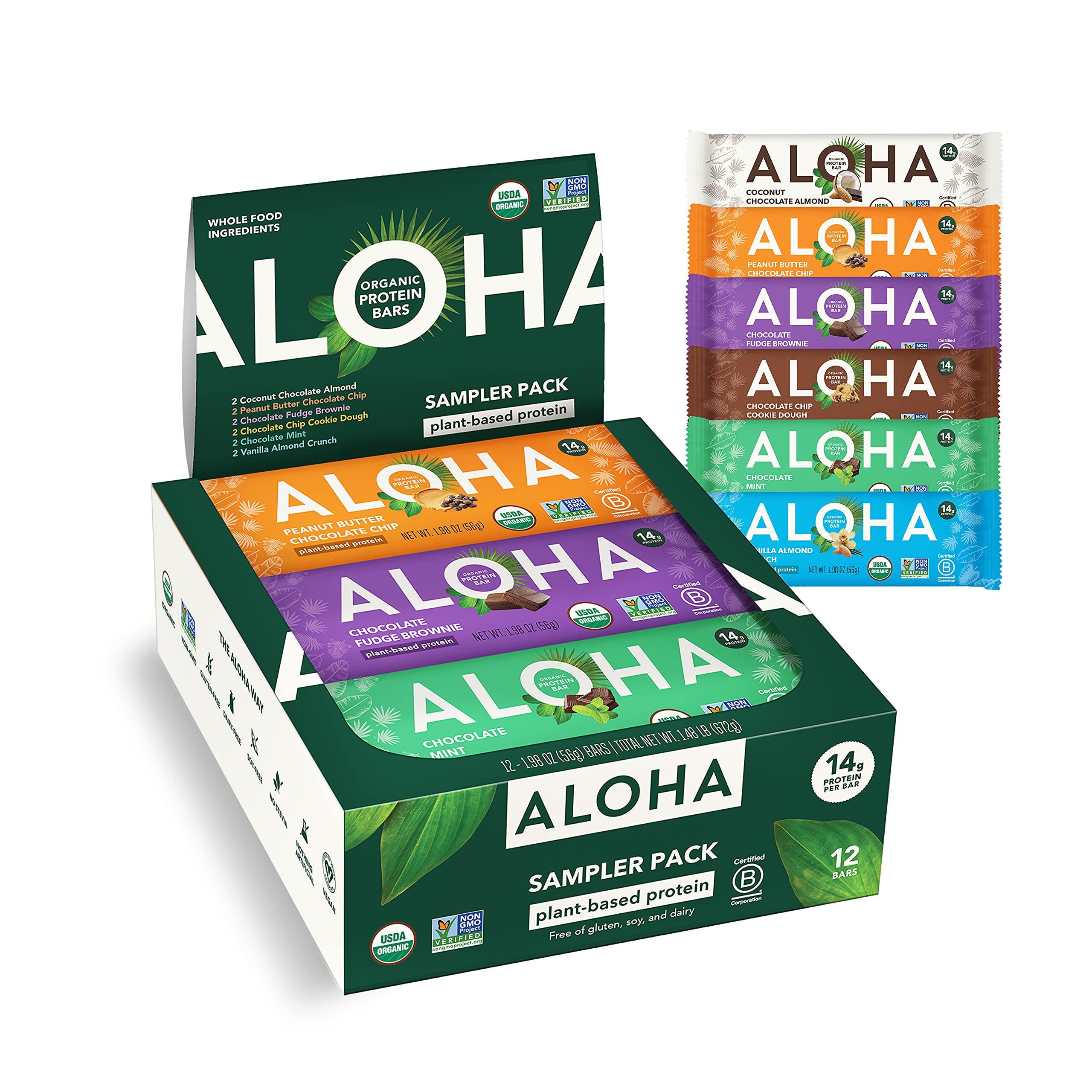 ALOHA Organic Plant Based Protein Bars - 6 Flavor Variety Pack - 12 Count