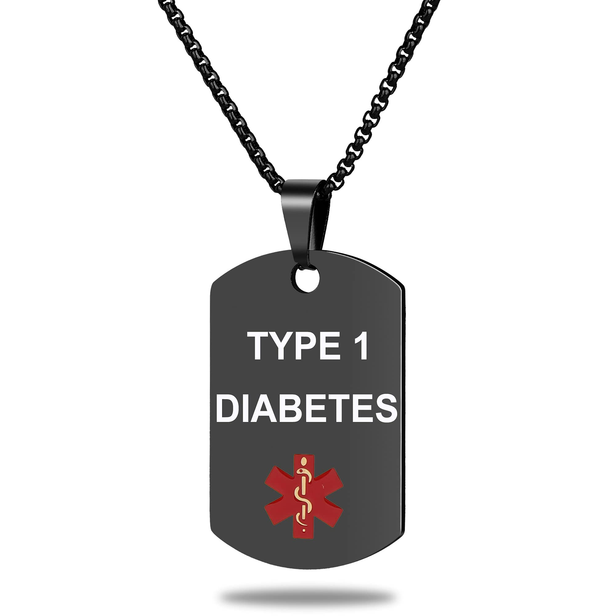 Medical Alert ID Necklace, Laser Engraved TYPE 1 DIABETES, Stainless Steel Black