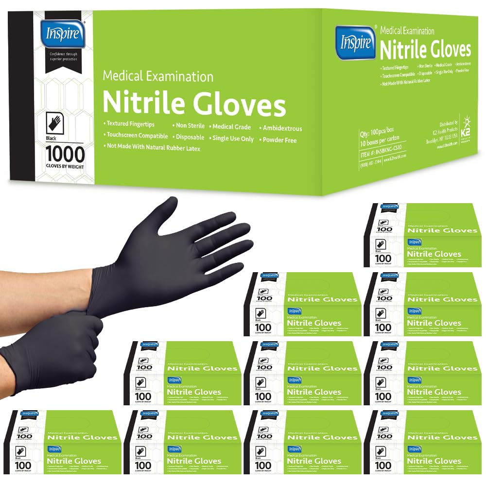 Inspire Nitrile 1000ct Exam Gloves Quality Stretch Black 4.5 Latex Free Medical