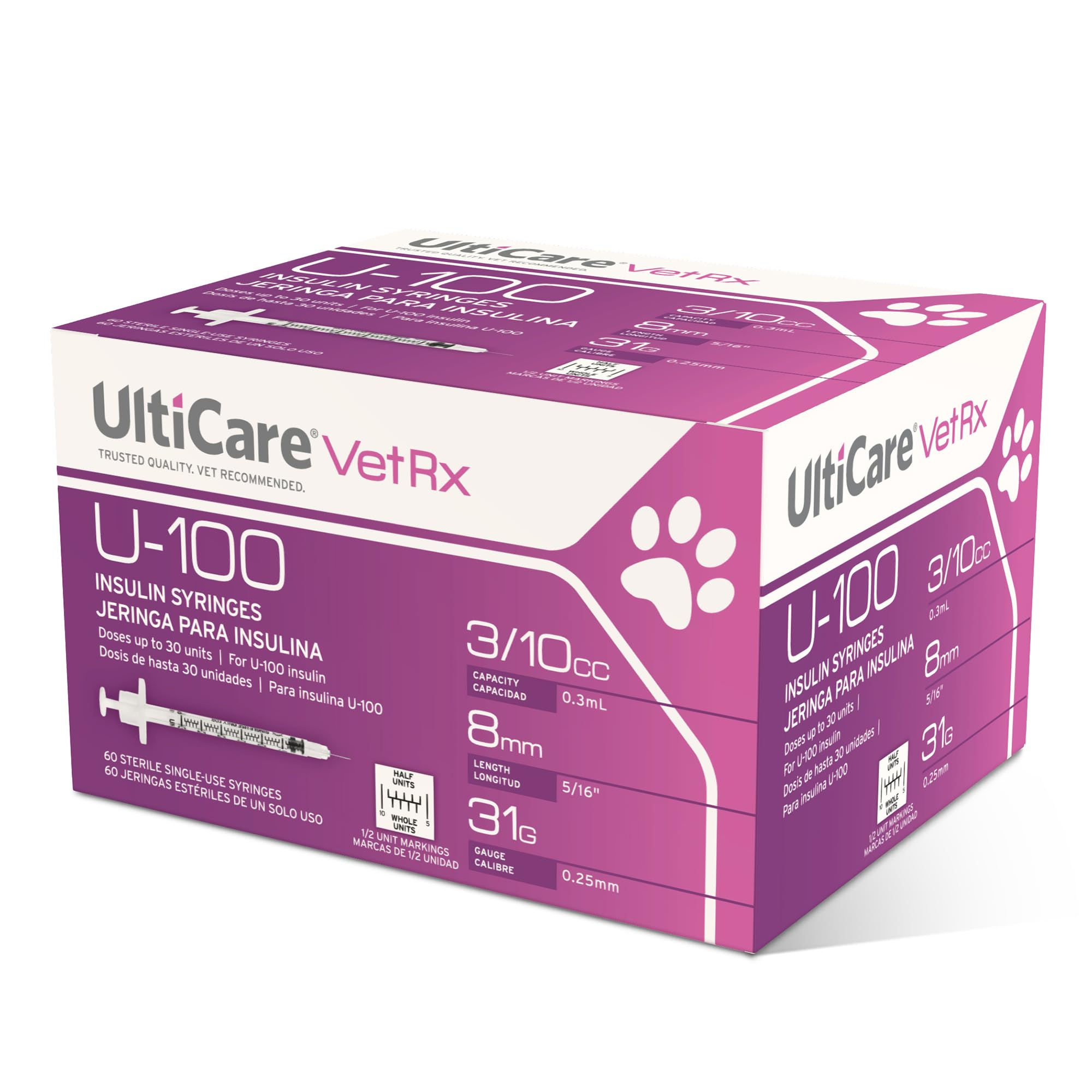 UltiCare VetRx U-100 Pet Insulin Syringes 3/10cc, 31G x 5/16’’, w/Half Unit 60ct