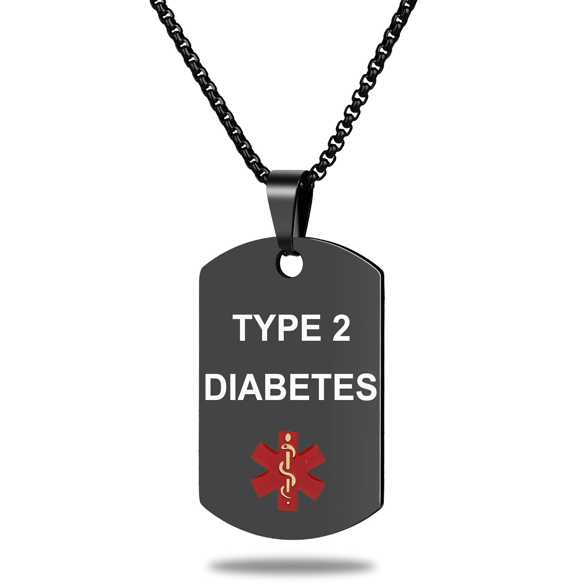 Medical Alert ID Necklace, Laser Engraved TYPE 2 DIABETES, Stainless Steel Black