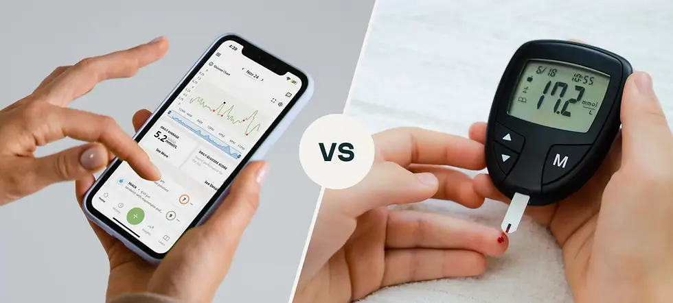 High angle view of a person comparing a blood glucose meter and a CGM receiver