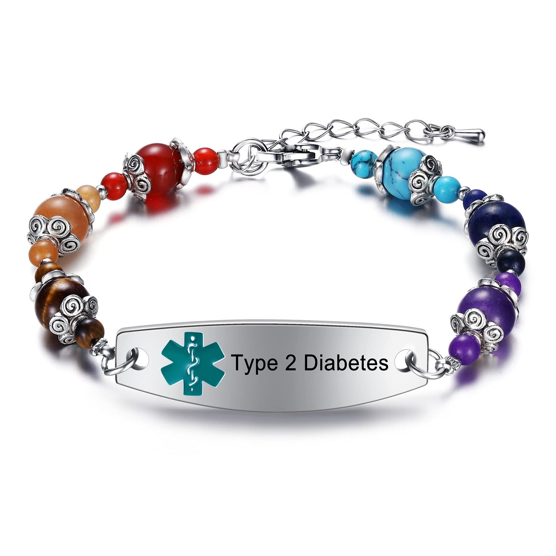 Women's Medical Alert ID Bracelets Engraved Type 2 Diabetes beaded Link