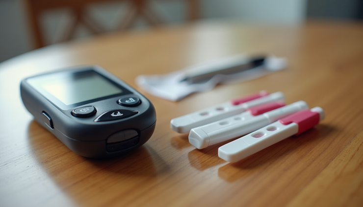 Close-up view of blood glucose meter and test strips on a wooden table