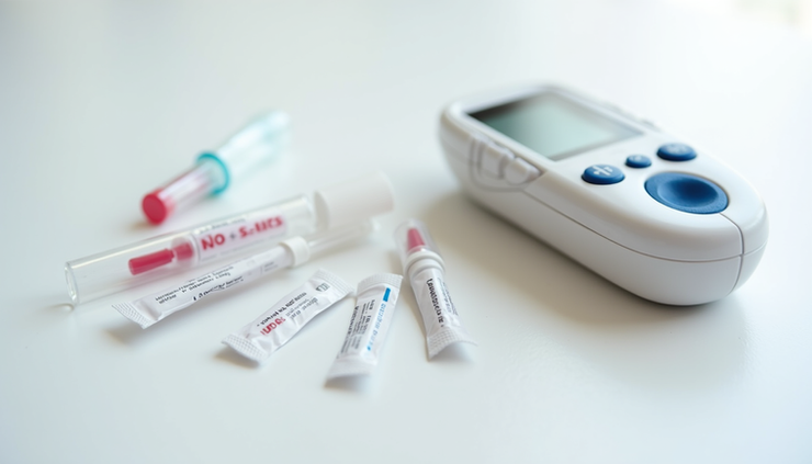 Close-up view of diabetes testing supplies including glucose meter and test strips
