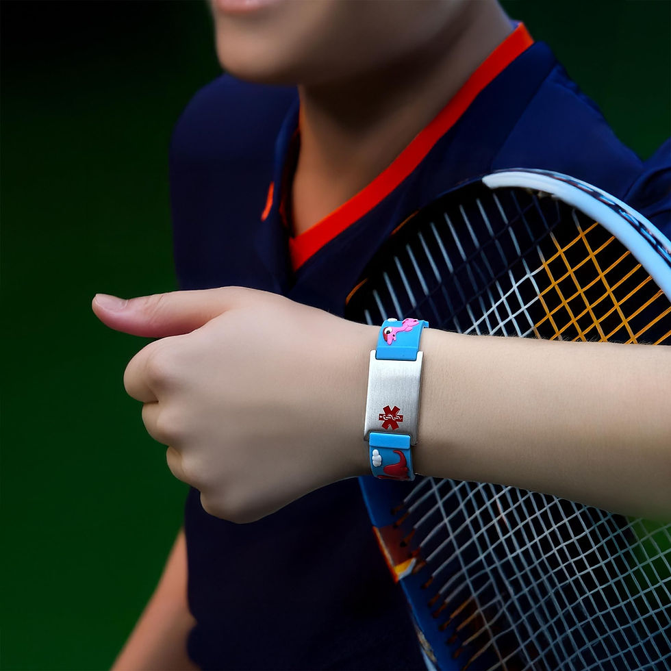 Thumbnail: Blue Dinosaur Band Medical Alert ID Bracelet for Kids Diabetes on insulin