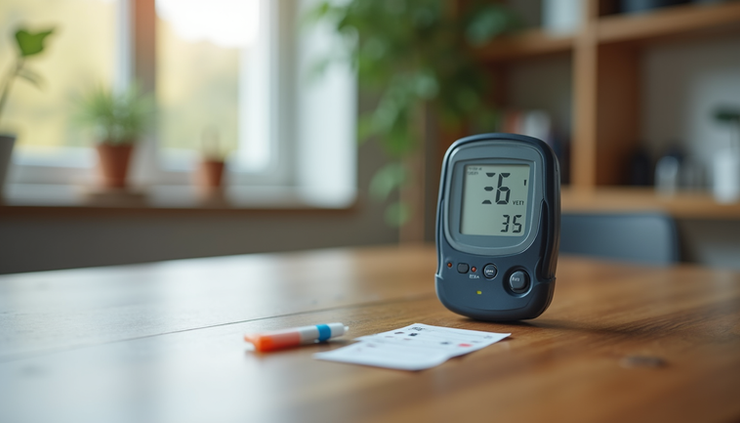 Eye-level view of a diabetes meter and test strips on a wooden table
