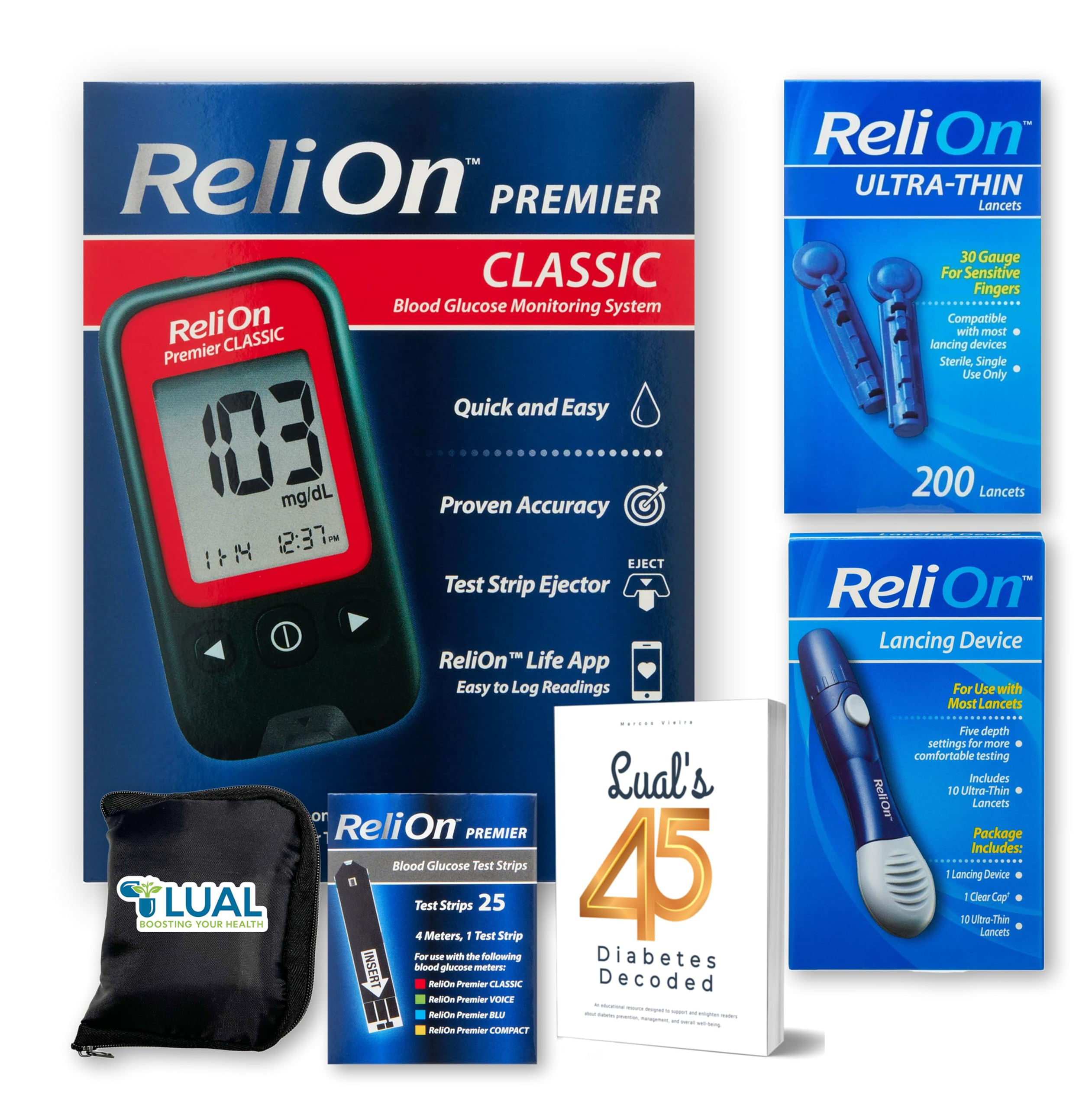 ReliOn Premier Glucose Monitor Starter Kit with Strips, Lancets & Lancing