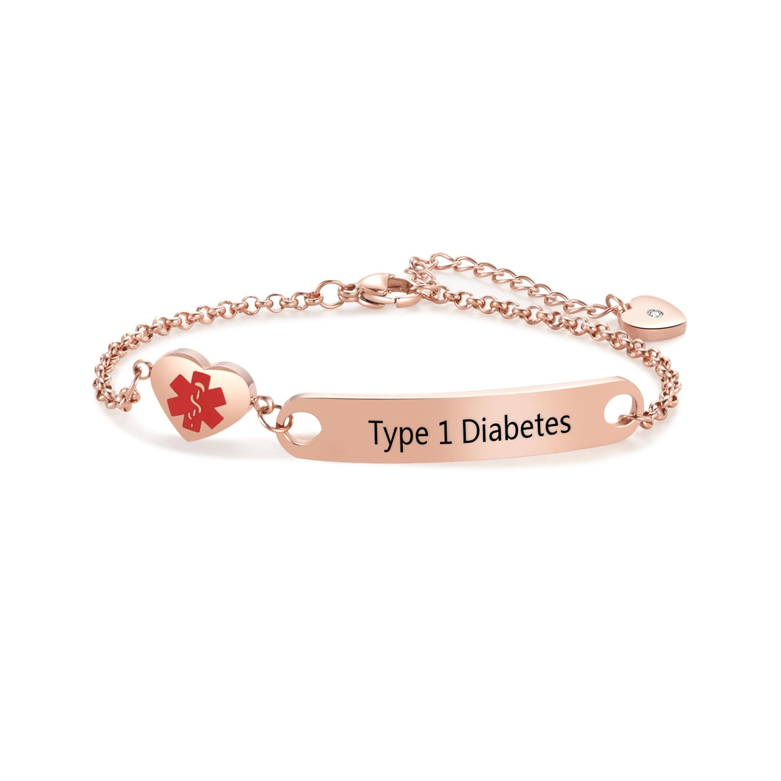 Rose Gold Heart Medical Alert ID Type 1 Diabetes Bracelet for Women Emergency