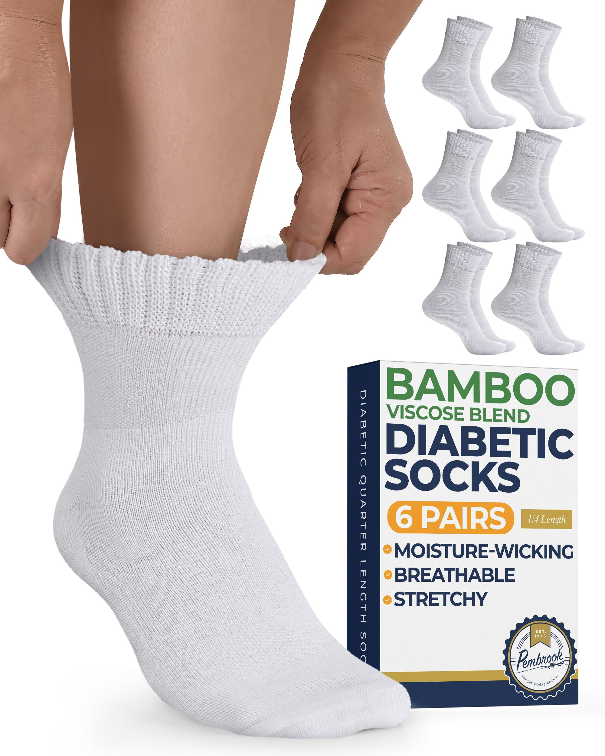 Pembrook Bamboo Viscose Diabetic Socks 6 Pairs Ankle Socks (White)
