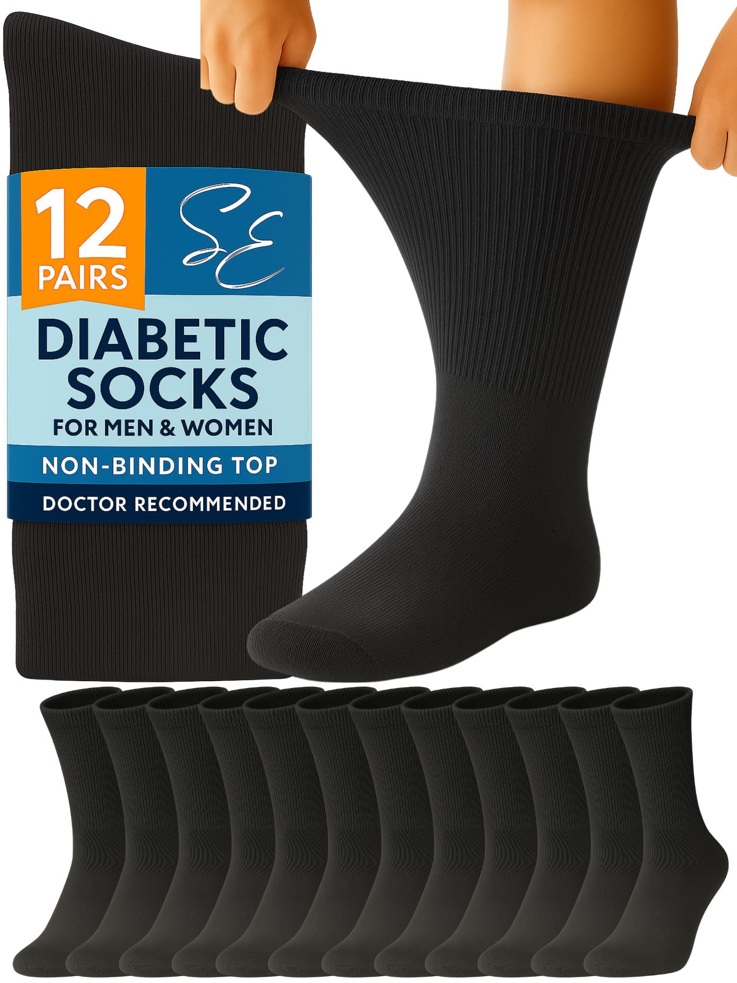 Special Essentials Diabetic Socks for Men & Women – Black - 12 Pairs Crew Length