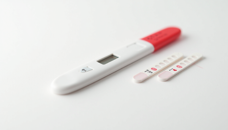 Close-up view of diabetes test strips arranged on a white surface