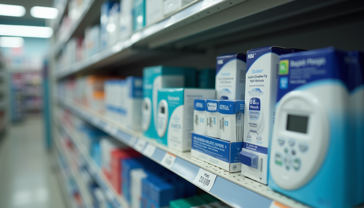 Eye-level view of a pharmacy shelf stocked with diabetes supplies
