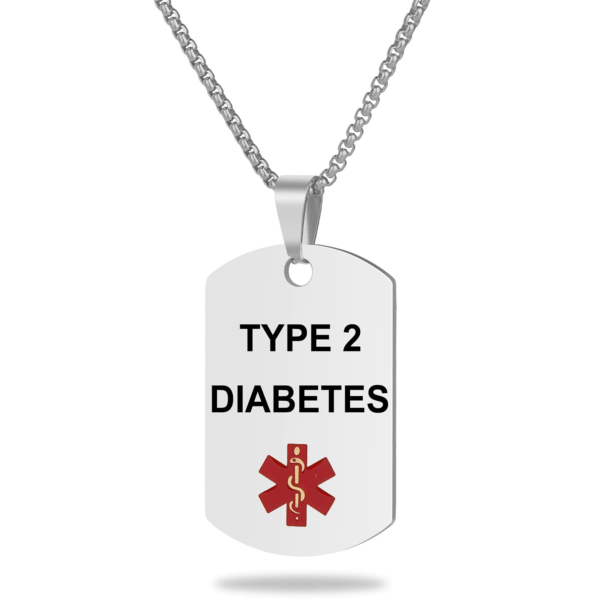 Medical Alert ID Necklace Laser Engraved TYPE 2 DIABETES, Stainless Steel Silver
