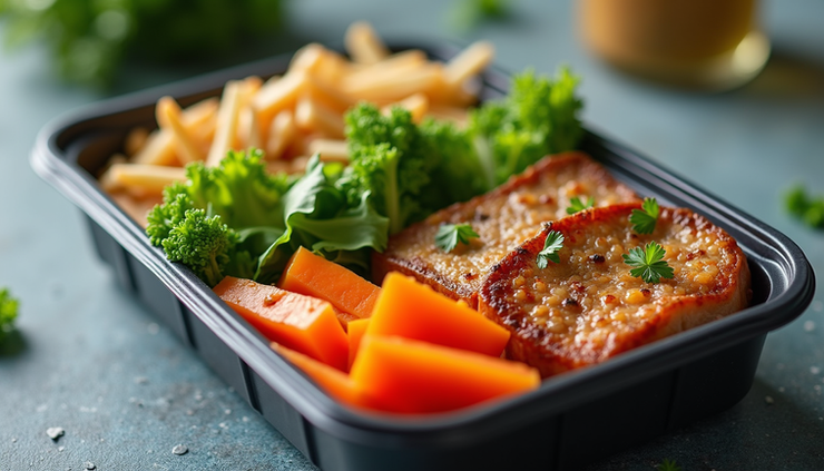 High angle view of a meal prep container with balanced portions of vegetables, protein, and carbs