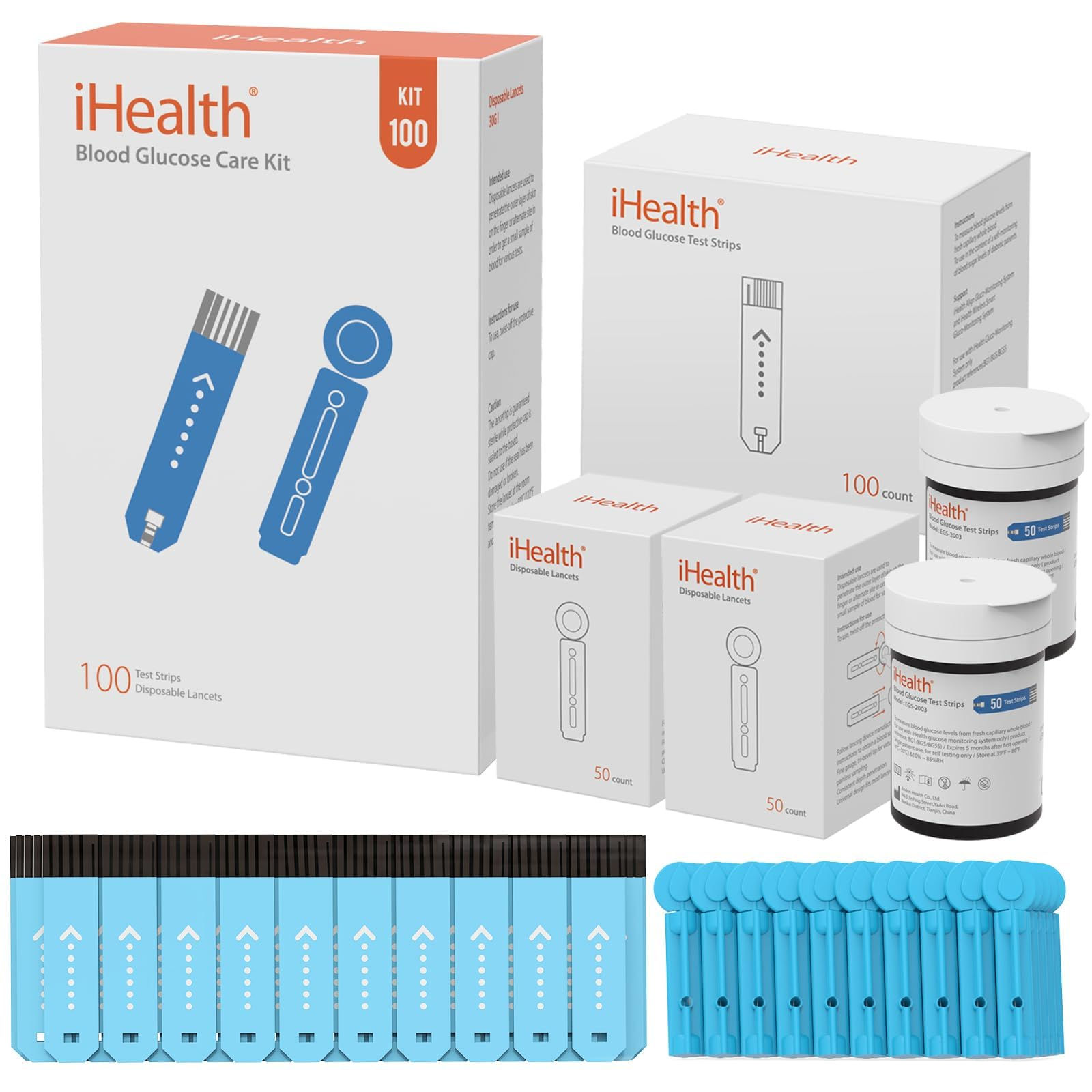 iHealth Blood Glucose Test Strips 100 Count, 100 Lancets for Diabetes Management