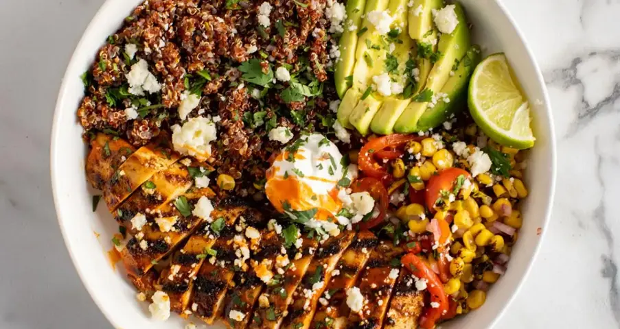 Herb-grilled chicken over protein-rich quinoa with roasted vegetables and lemon tahini dressing. Sustained energy for hours.