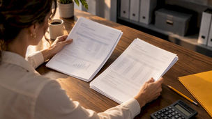 Hands reconciling month-end financial reports
